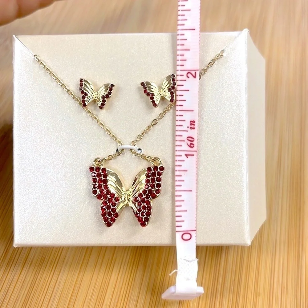 Brand New Butterfly Necklace & Post Earring Set Gold Tone Red Crystal Rhinestone